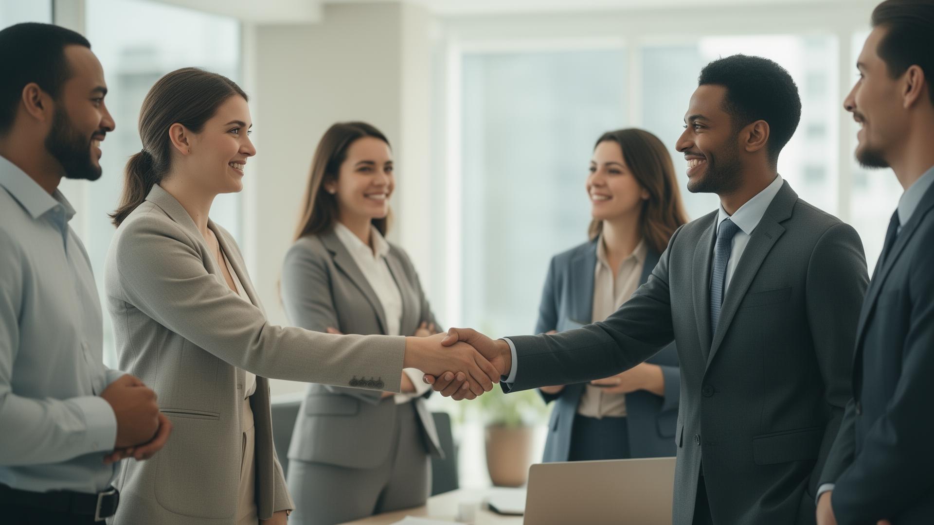 Recruiter shaking hands with a candidate in a bright modern office